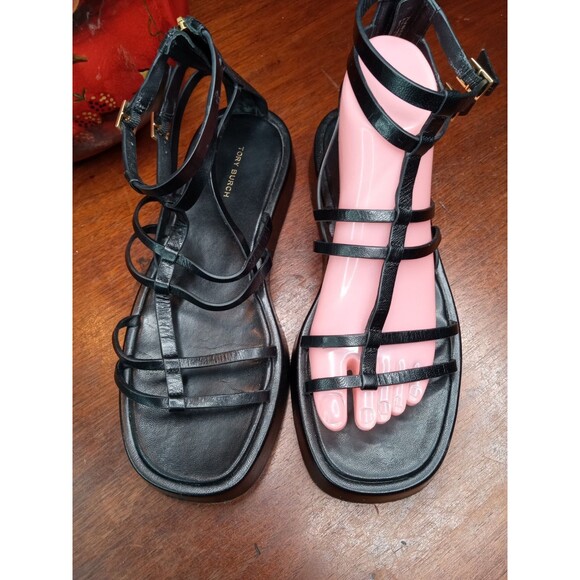 Tory Burch Sandals Women's Black 7.5M Leather Gladiator Ankle Strap Party Shoes - Picture 2 of 8
